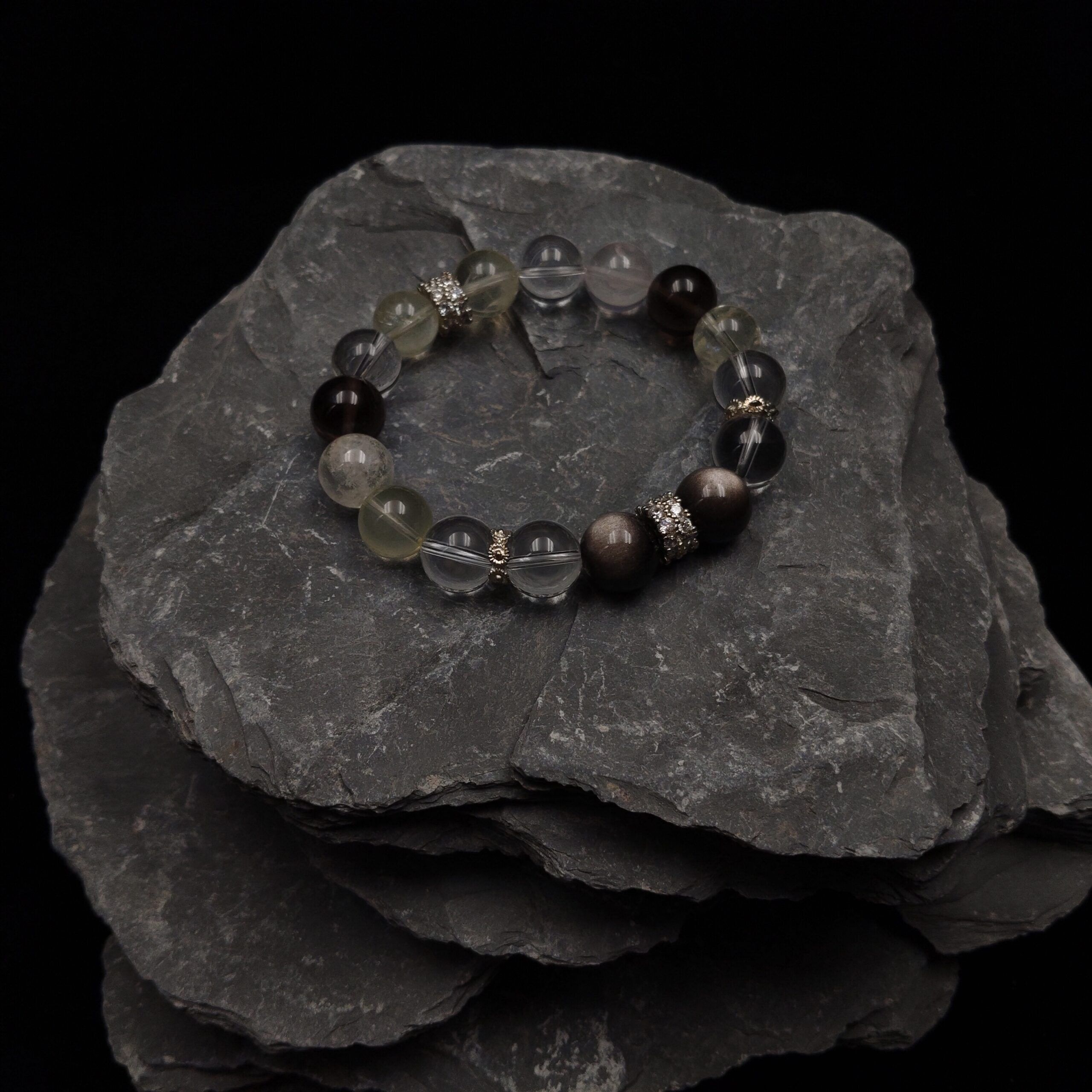 12mm lemon yellow obsidian, smoky quartz, clear quartz, 42 grams, 16cm 17cm in diameter.